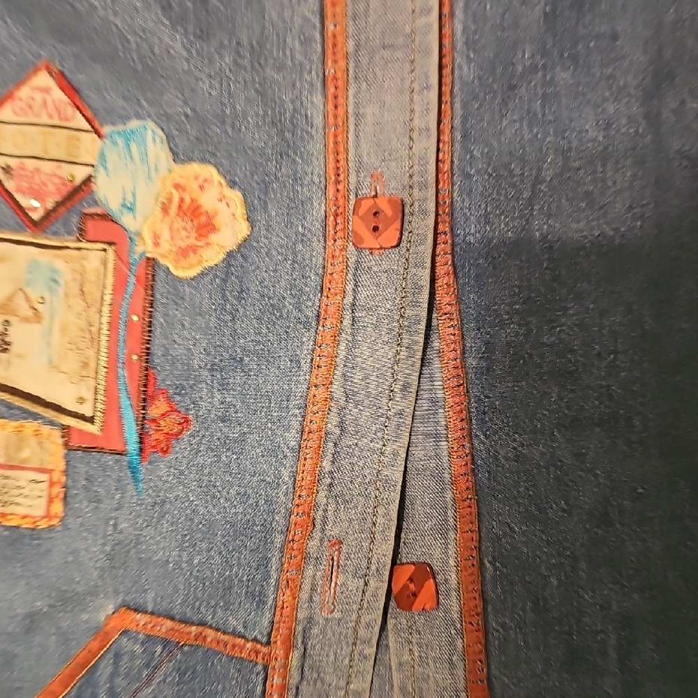 VINTAGE 80s Nancy Bolen City Girl Denim shirt Large Patch Embroidery Orange Trim - Picture 6 of 9